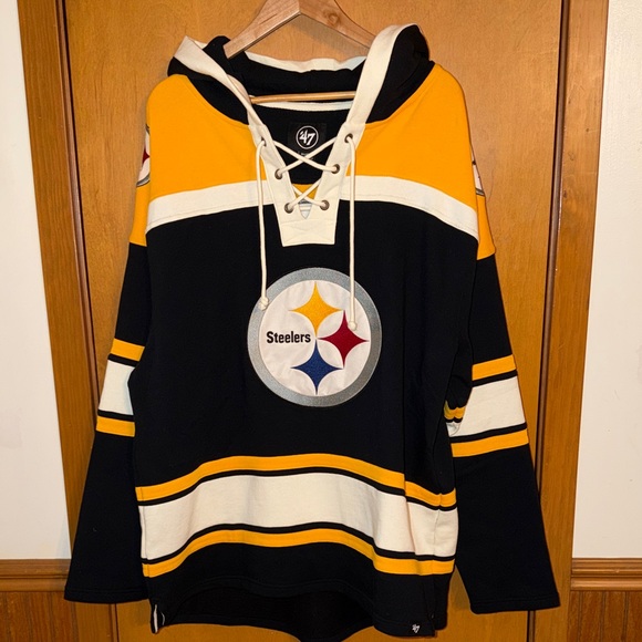 NEW Men's Pittsburgh Steelers '47 Black/Gold Lacer V-Neck Pullover Hoodie - Picture 4 of 10